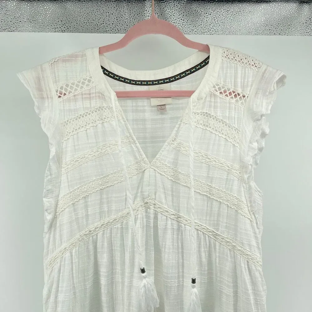 Knox Rose White Boho Lace Trim Tiered Short Dress Tassel Tie Size Large - Picture 3 of 14